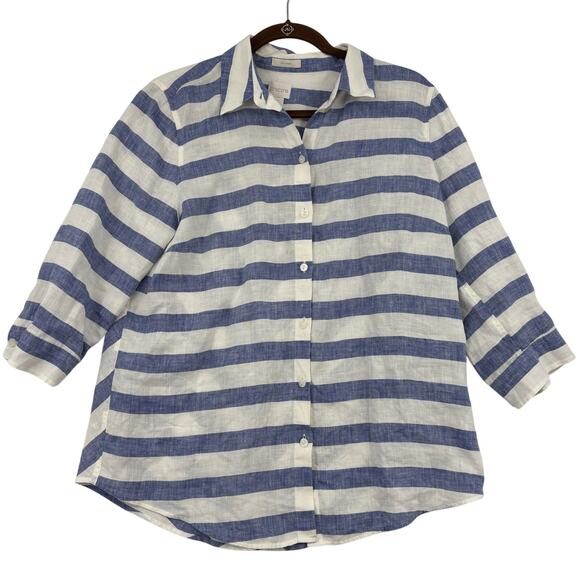 Chico's Linen Blouse Size M Blue White Stripe No Iron Button Up Elbow Sleeve - Picture 1 of 12
